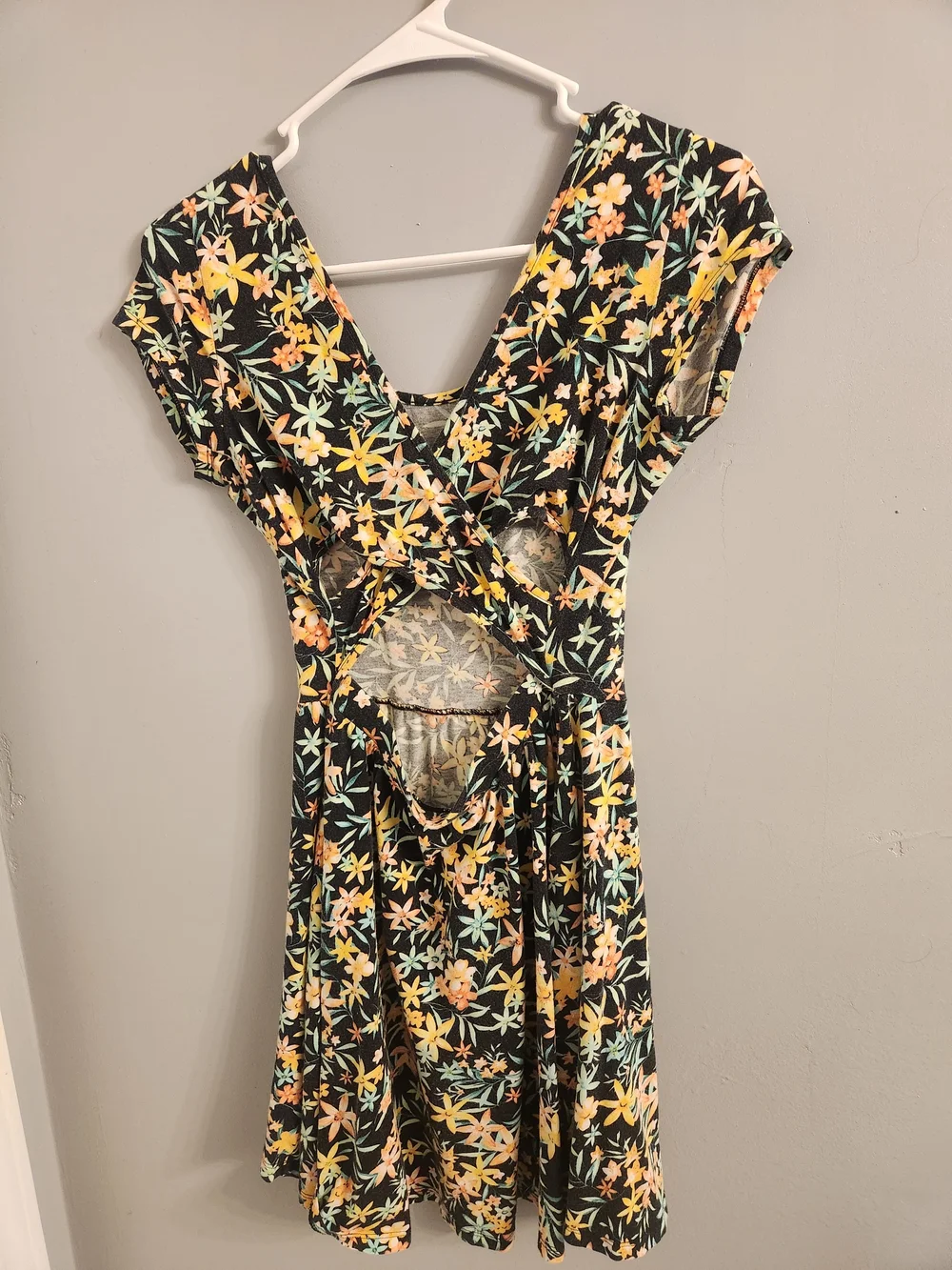 Floral Fit & Flare Dress in Black with Yellow & Peach Flowers
